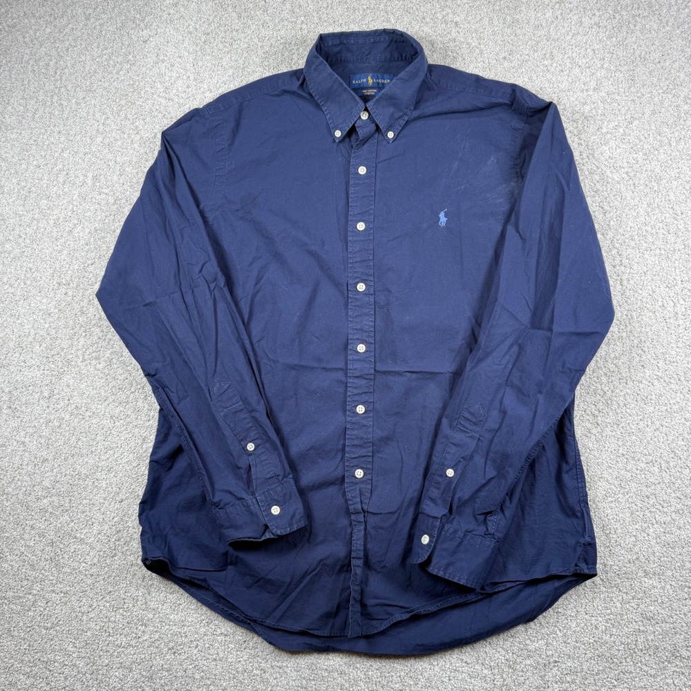 Ralph Lauren Button Down Mens L Navy Blue Cotton Stretch Long Sleeve Shirt - Picture 2 of 6